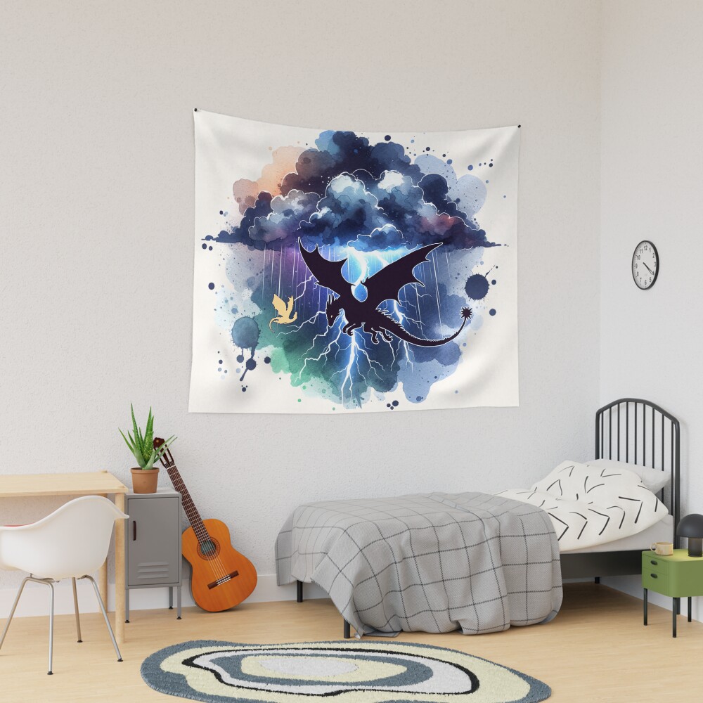 Flying Dragons Stormy Night Sky Tapestry